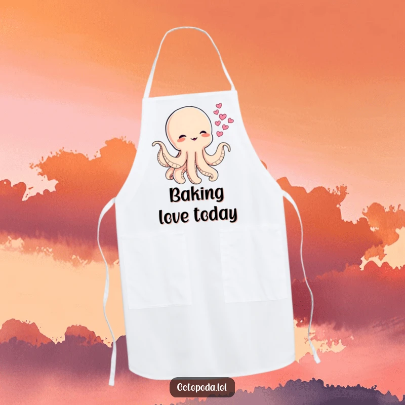 Funny apron with a baby octopus artistically blowing heart-shaped ink clouds, perfect for a cook who loves to express love.