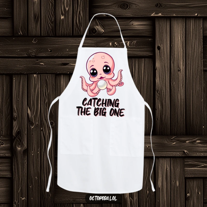 Funny apron depicting an energetic octopus with bulging eyes on a determined quest for a shiny, coveted pearl.