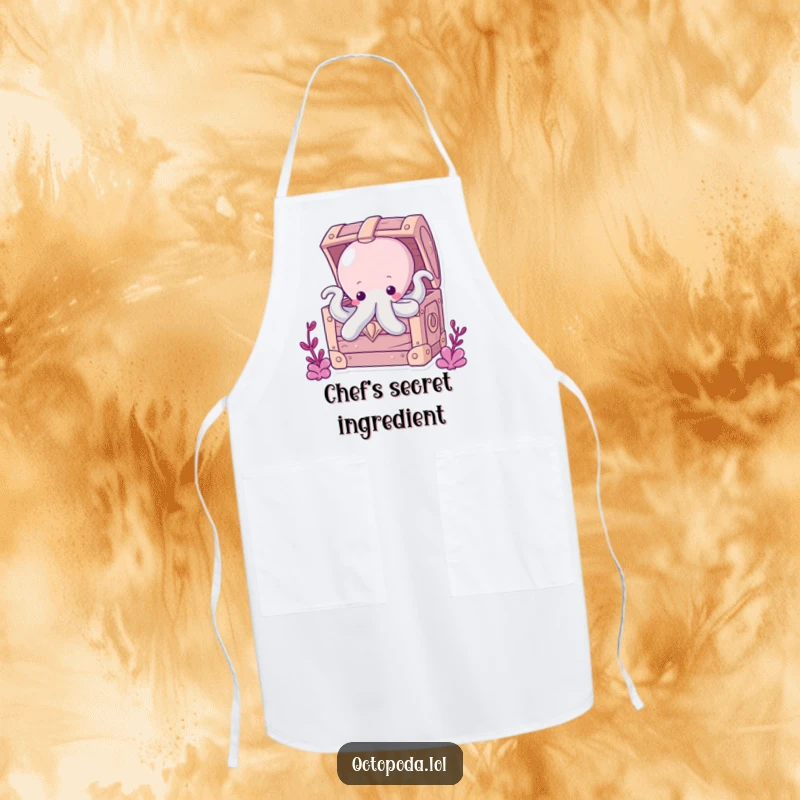 Funny Chubby Octopus Apron: A chubby octopus peeking from a treasure chest, designed for cooks who love fun and culinary adventures.