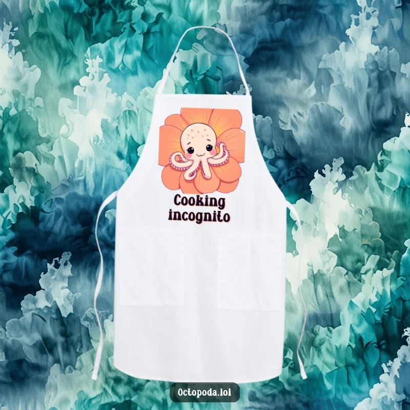Funny Shy Octopus Apron: A cute apron featuring a shy octopus peeking from behind a flower, great for kitchen tasks with a hint of humor.