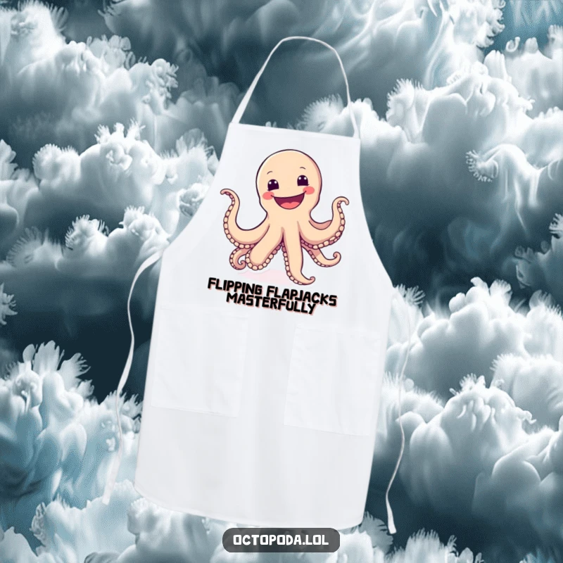 Funny apron depicting a cartwheeling octopus with a wide, joyful grin, bringing energetic fun to the kitchen.