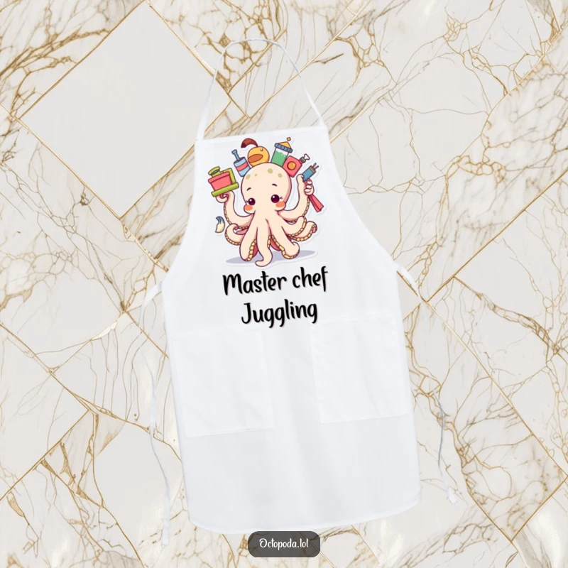 Funny determined octopus apron, depicting an octopus balancing many items, bringing organized chaos and humor to cooking.