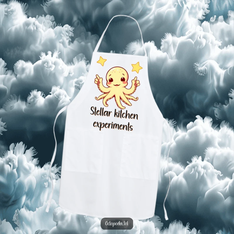Funny apron depicting a curious octopus pointing its arms towards a twinkling star, adding cosmic fun to cooking.