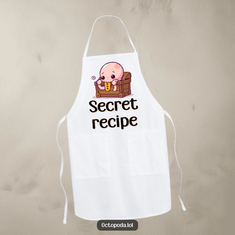 Funny Apron with a curious octopus peeking from behind a treasure chest, perfect for chefs and home cooks who enjoy marine-themed humor.