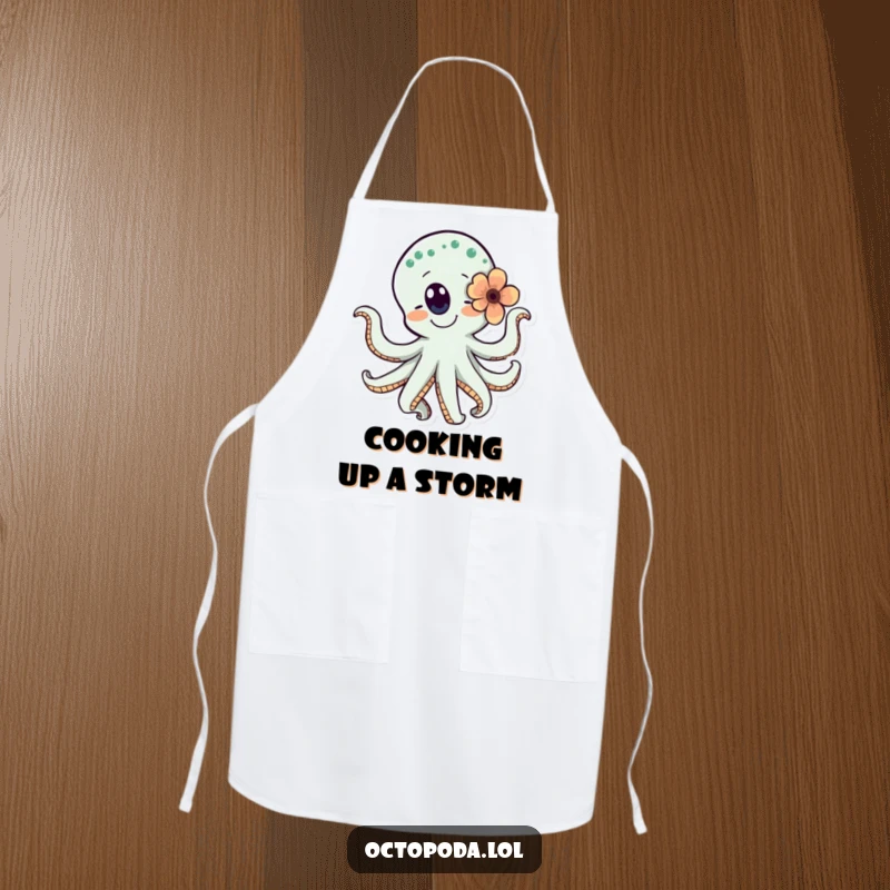 Funny apron with a happy octopus dancing with a flower, ideal for cooks who love to infuse their work with joy.
