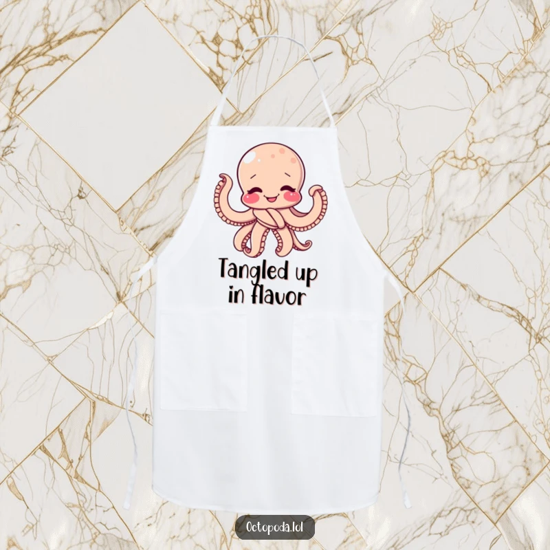 Funny Apron: A giggling octopus tied in a playful knot, wiggling happily while preparing culinary delights.