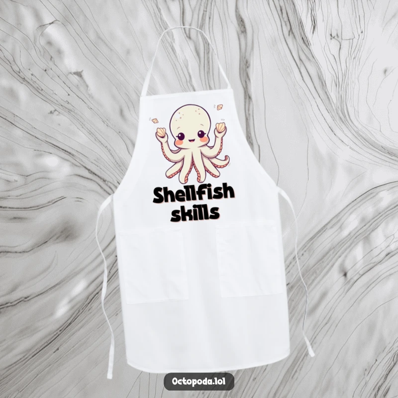 Funny octopus apron featuring a playful octopus character juggling small seashells, perfect for a fun and skillful cook.