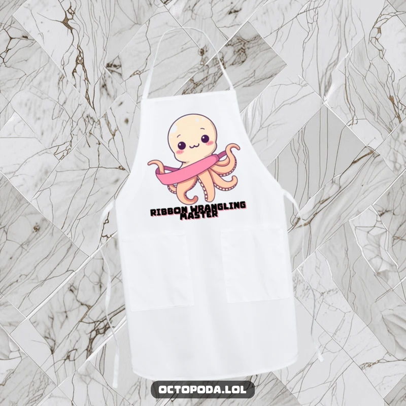 Funny apron: a smiling octopus hilariously attempting to wrap itself in a long, continuous ribbon spool, perfect for kitchen messes and laughs.