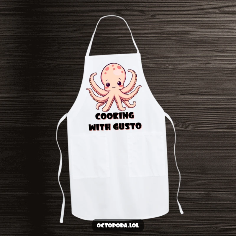 Funny octopus apron, a happy cephalopod unfurling all its arms while cooking, a humorous and practical kitchen accessory.