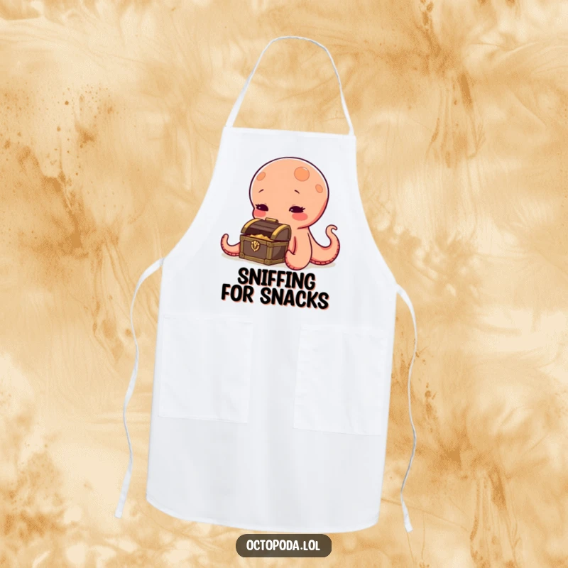 Funny octopus apron, a curious cephalopod sniffing a tiny treasure chest while cooking, a humorous and practical kitchen accessory.