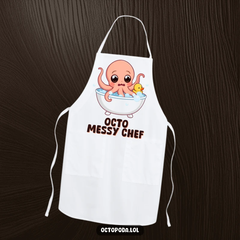 Funny Apron: Surprised octopus with wide eyes leaps from a bubble bath with a rubber duck, bringing splashy humor to kitchen activities.