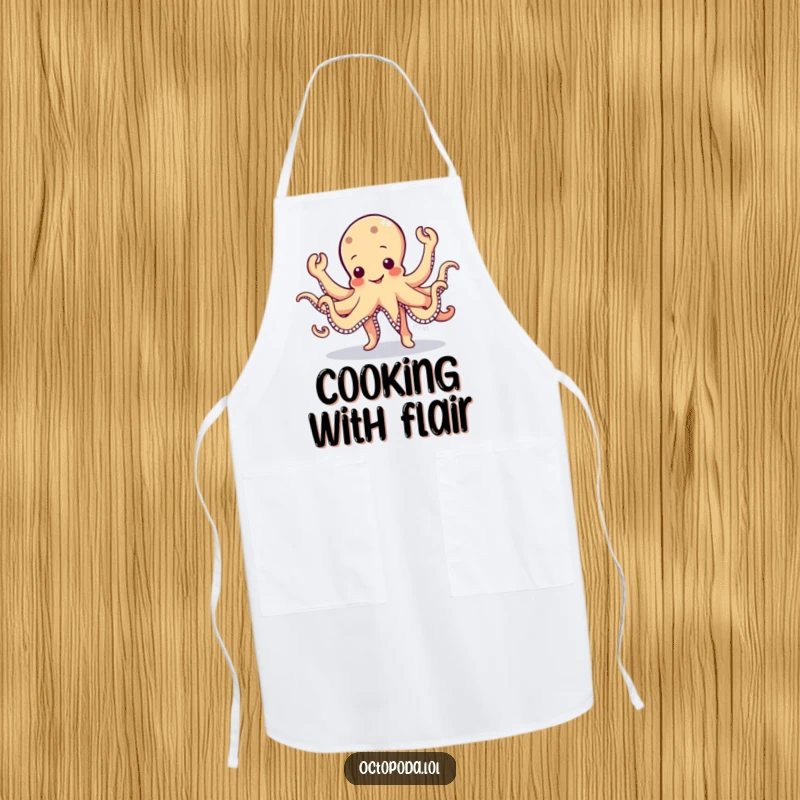 Funny Octopus Apron: A wobbly octopus character doing a silly jig with eight waving arms, ready for kitchen fun.