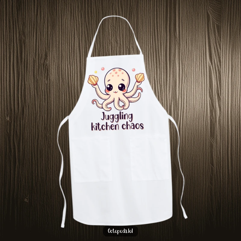 Funny apron featuring a delightful octopus with comical googly eyes, juggling shiny seashells, ideal for a humorous kitchen.