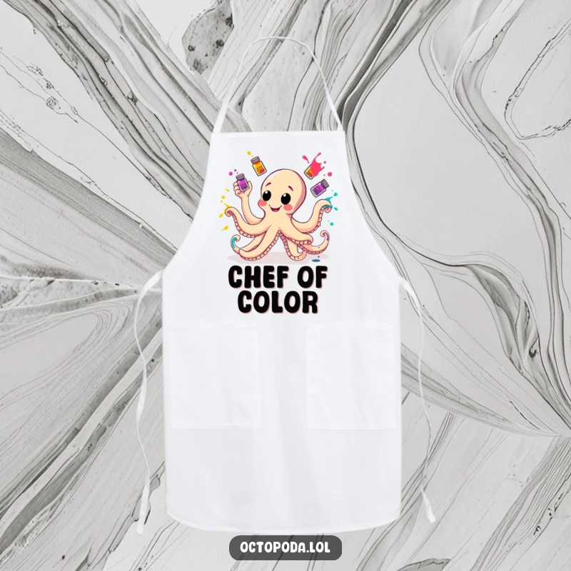 Funny Apron featuring a cheerful octopus juggling ink bottles, designed for messy artists and fun cooking experiences.