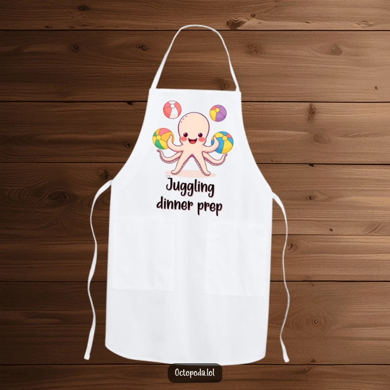 Funny Octopus Juggling Apron: a chef's apron with a smiling octopus juggling beach balls with its tentacles.