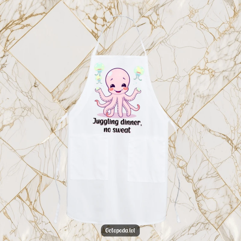 Funny apron with a giggling octopus juggling jellyfish, ideal for chefs who love to add humor to their culinary creations.