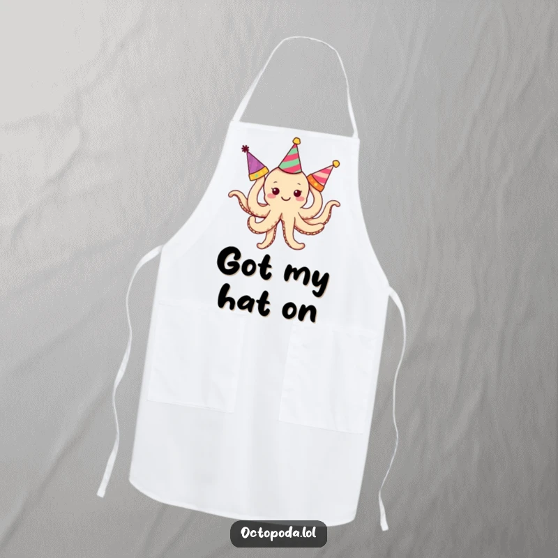 Funny Octopus Apron: A smiling octopus with tangled arms hilariously trying to wear party hats while cooking.