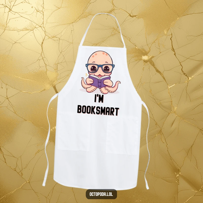 Funny Octopus Reading Apron: A humorous apron with an octopus wearing glasses trying to read a tiny book while cooking.