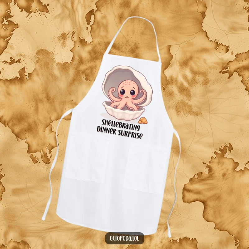 Funny Apron: A surprised octopus makes a playful peek from inside a giant seashell, ready for kitchen fun.