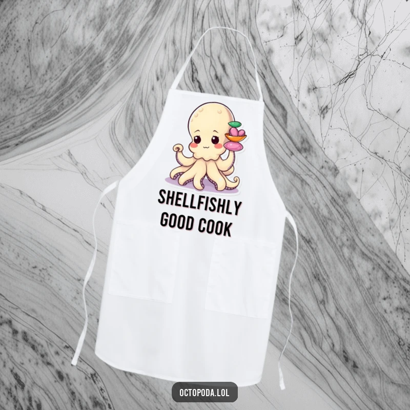 Funny apron for chefs featuring a determined little octopus character stacking colorful shiny shells with a tentacle, kitchen humor.