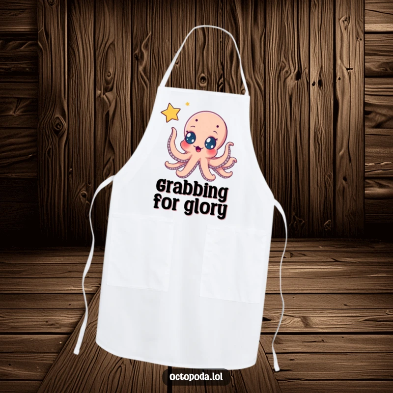 Funny apron: an excited octopus stretching its tentacles towards a beautiful shimmering star, perfect for kitchen endeavors and inspired cooking.