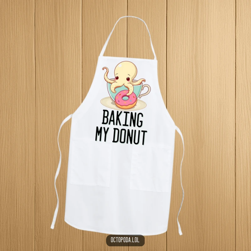 Funny Apron featuring a curious octopus in a teacup reaching for a donut, great for fun in the kitchen.