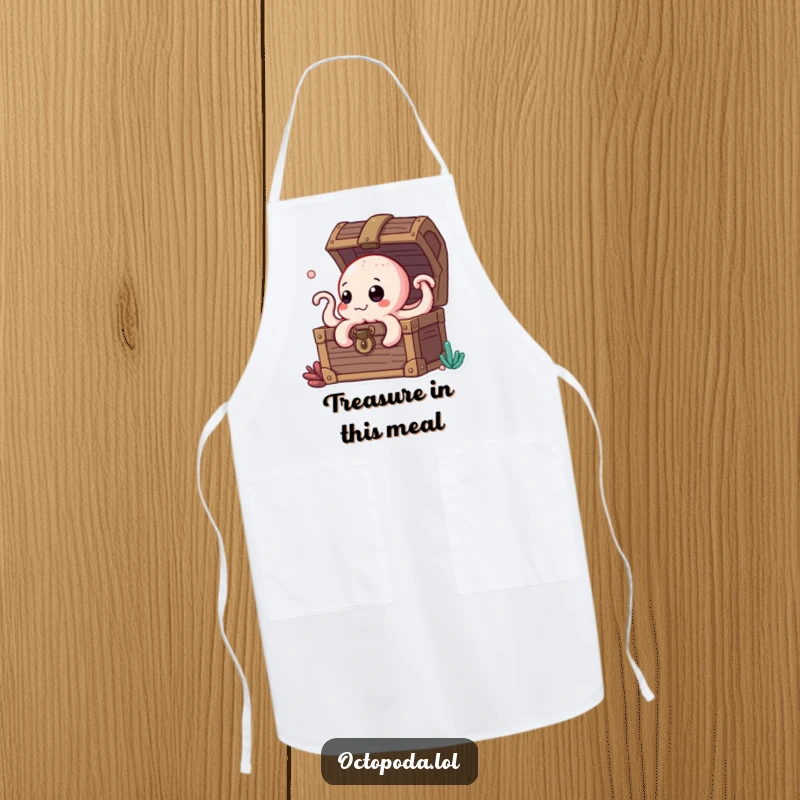 Funny apron featuring a curious octopus peeking from a treasure chest, ideal for a humorous and adventurous kitchen.