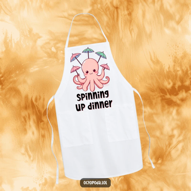 Funny Octopus Apron: a chef's apron with a cute octopus spinning tiny umbrellas with its tentacles.
