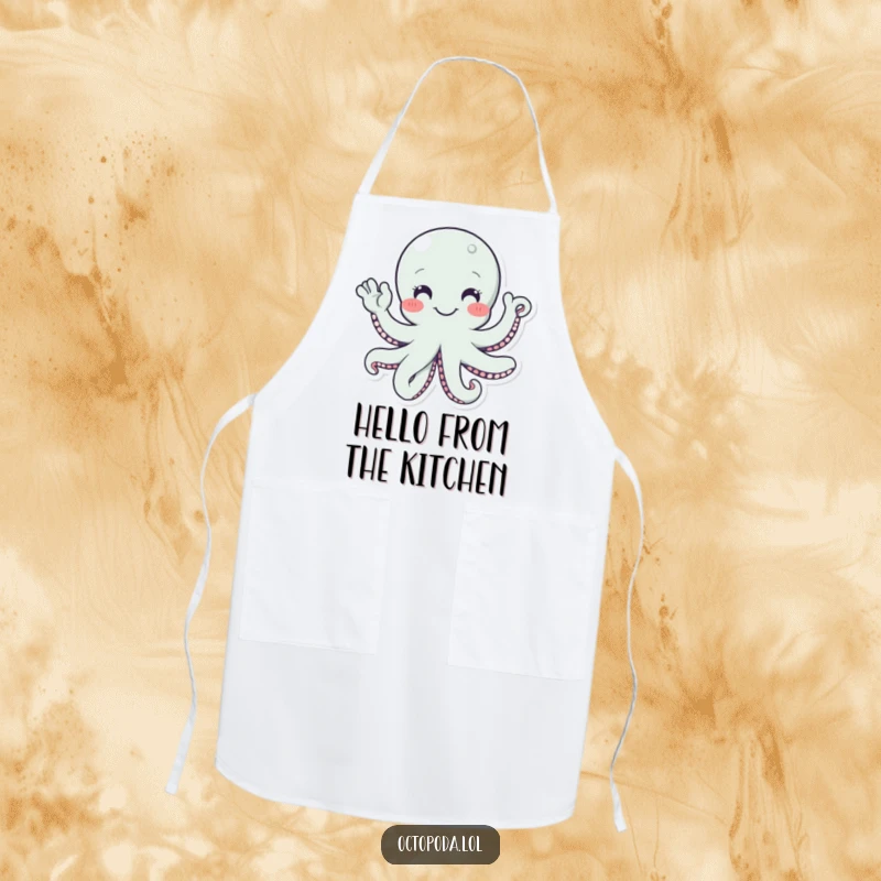 Funny apron featuring a smiling octopus with tentacles waving hello, ideal for a friendly and humorous kitchen.