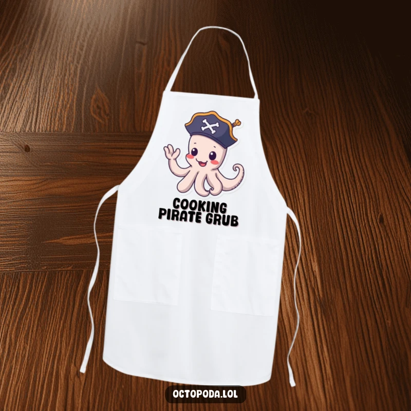 Funny pirate octopus apron: a playful octopus in a pirate hat waves goodbye with a tentacle, adding humor and nautical flair to kitchen tasks.