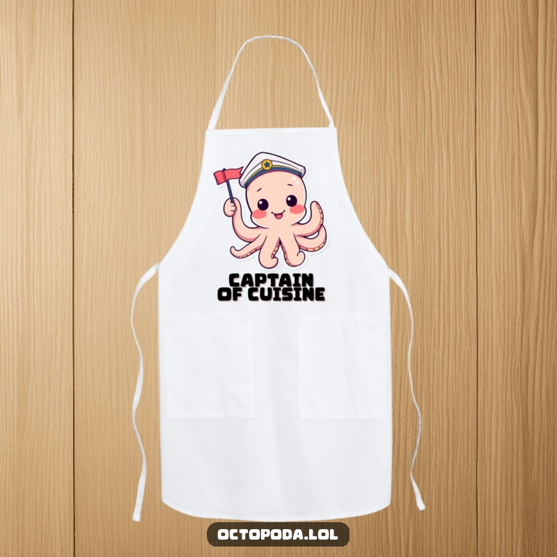 Funny apron featuring a playful octopus in a sailor hat waving a tiny flag, perfect for adding nautical humor to cooking.