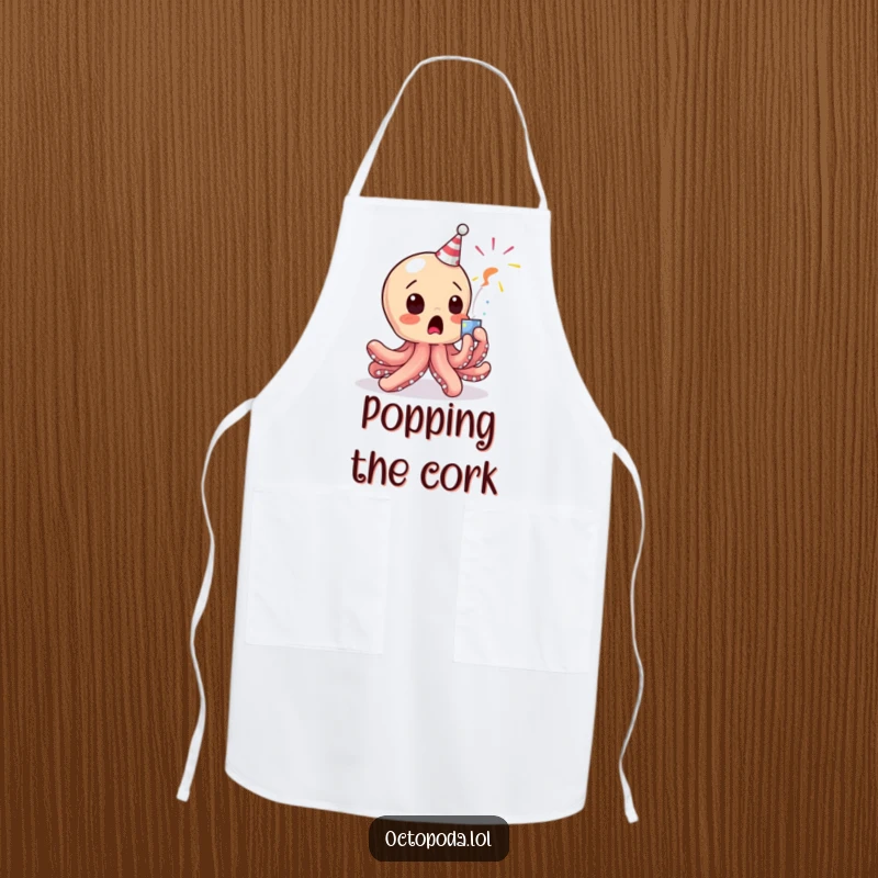 Funny Octopus Apron: A baby octopus character comically surprised by a popping party popper, ready for kitchen fun.