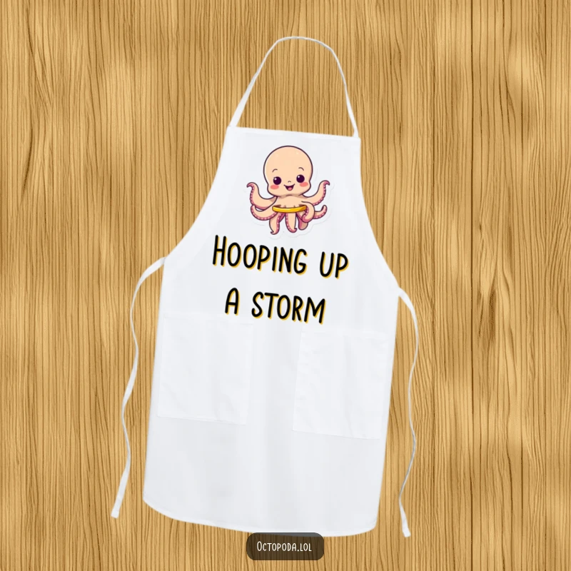 Funny apron featuring a wiggling octopus character happily spinning a tiny hula hoop, ideal for a fun, active kitchen.