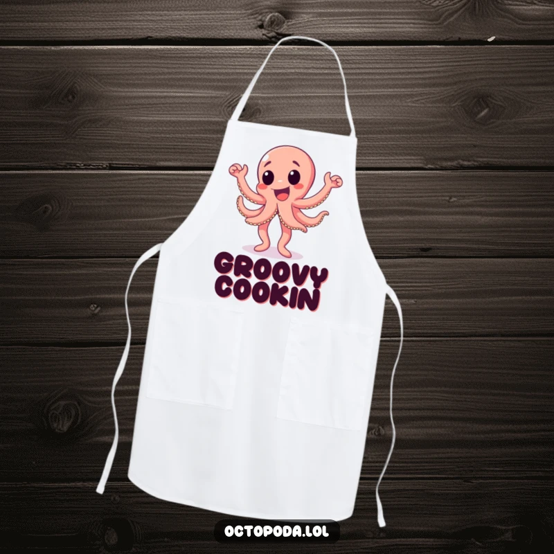 Funny octopus apron featuring an excited octopus character doing a happy dance, perfect for a festive home cook.