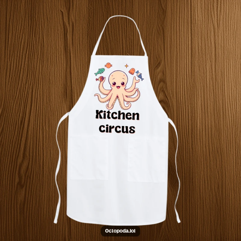 Funny apron graphic of an octopus juggling various sea creatures, humorous and practical for chefs.