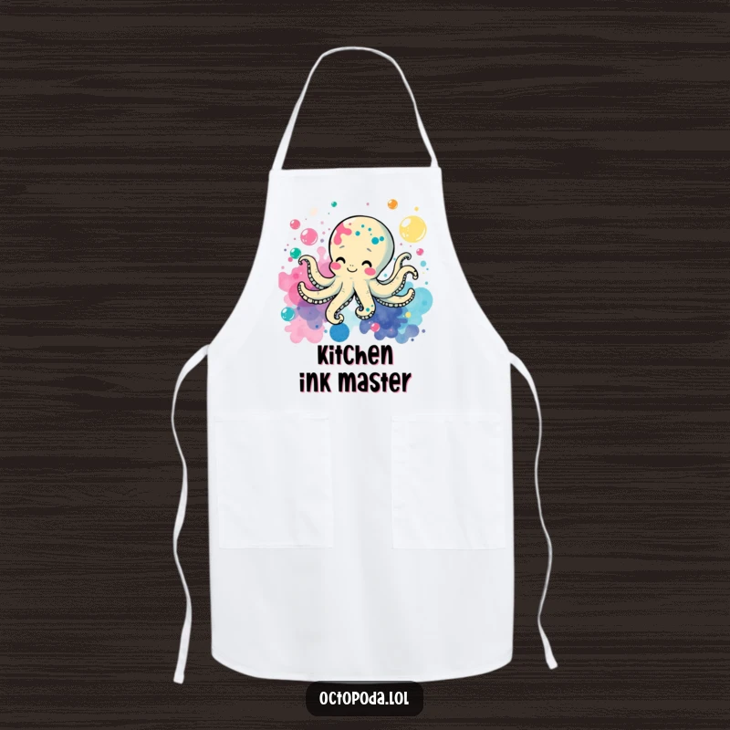Funny apron featuring a cheerful octopus swimming through bubbles, playfully splattering ink while cooking or baking.