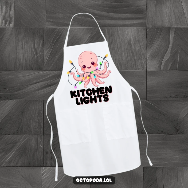 Funny apron featuring a playful octopus comically tangled in colorful festive lights, designed for humorous holiday cooking.