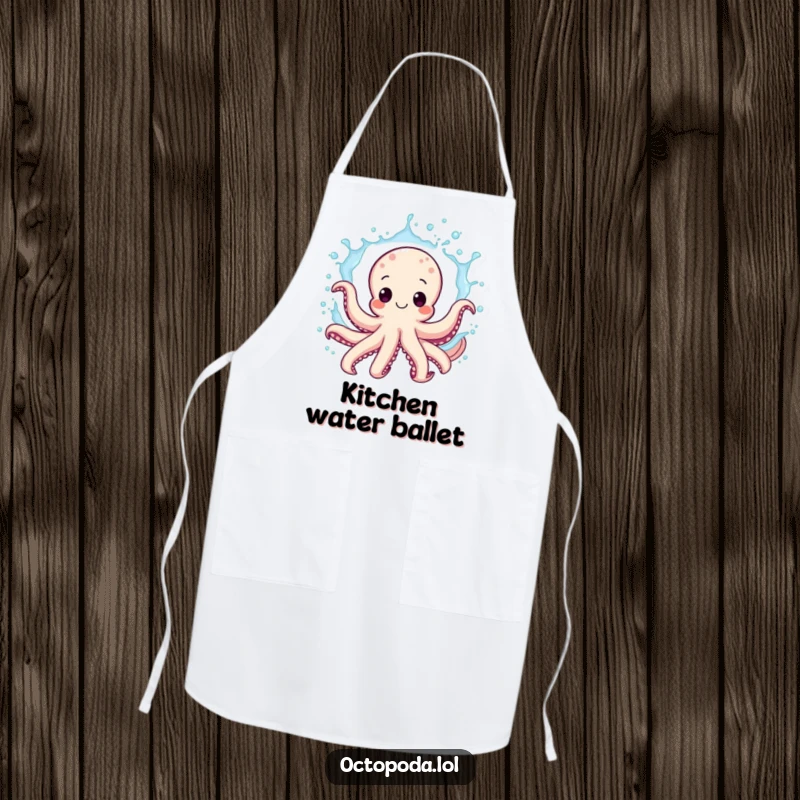 Funny octopus apron, a happy cephalopod splashing water while cooking, a humorous and practical kitchen accessory for fun chefs.