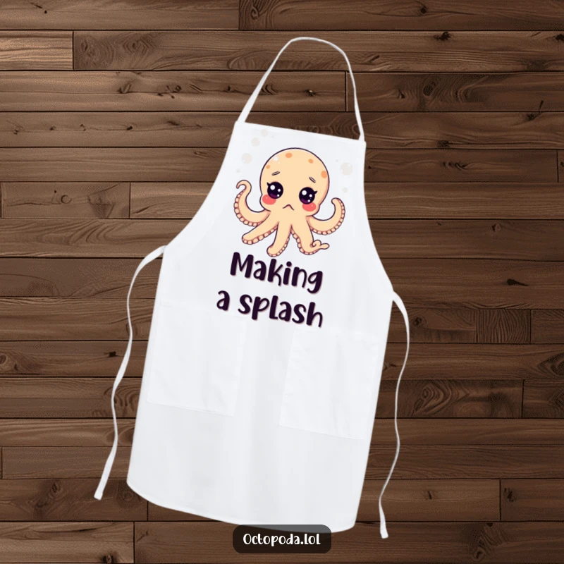 Funny apron featuring a surprised octopus with wide eyes in a bubbly sea, perfect for adding humor to cooking.