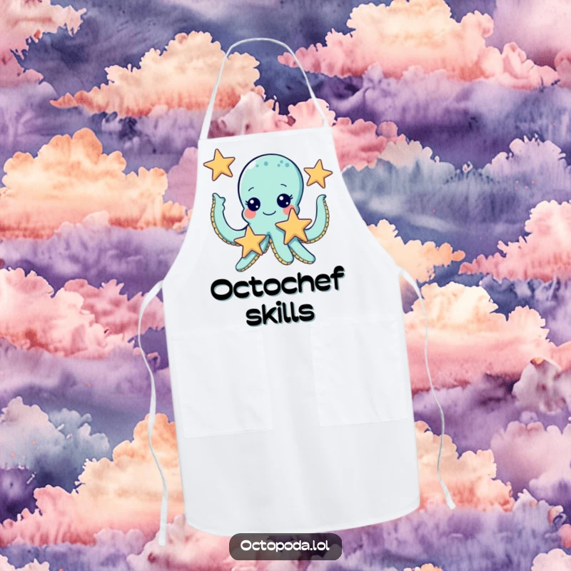 Funny apron depicting a cute octopus with joyful eyes, juggling three starfish, ready for culinary fun.