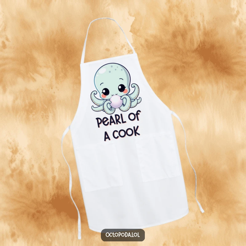 Funny Kawaii Octopus Apron for cooking, showing a curious cephalopod inspecting a shimmering pearl, a fun and functional kitchen accessory.