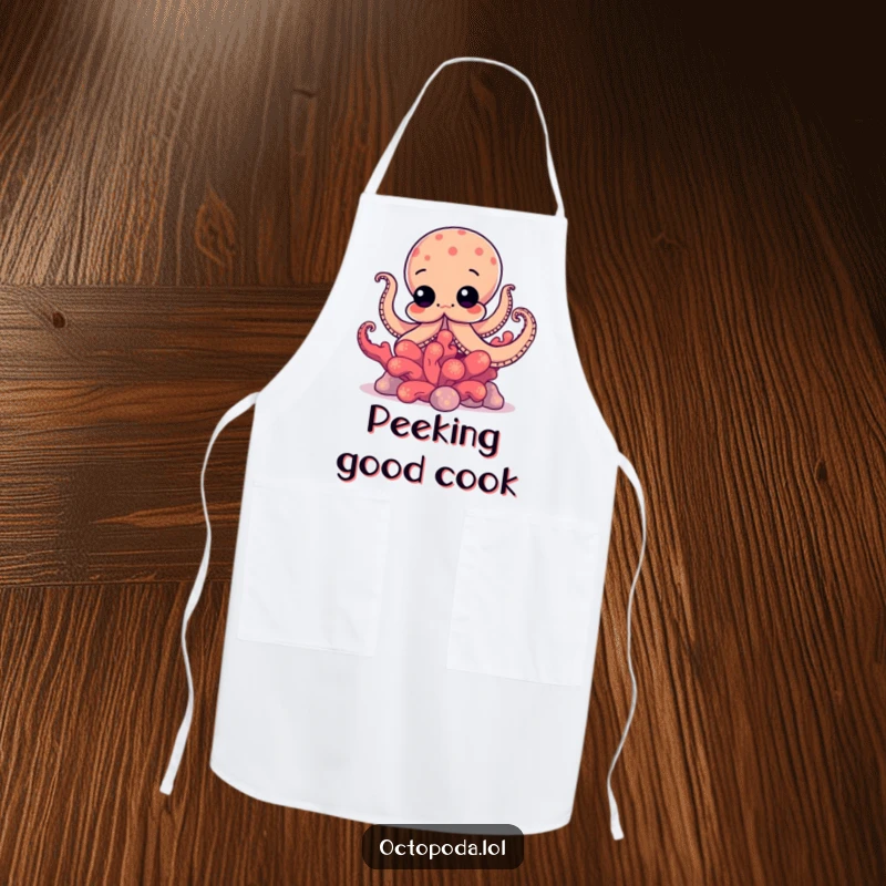 Funny apron featuring a curious octopus peeking from behind vibrant coral, ready to add humor to meal preparation.