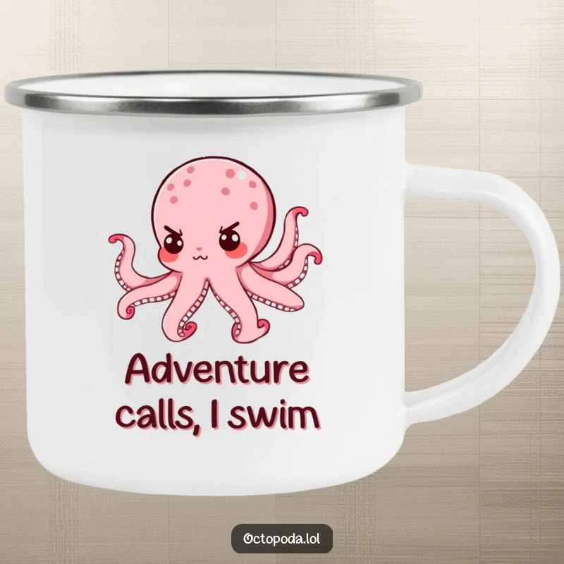 Funny Octopus Camping Mug: A determined octopus with a tiny, resolute expression is ready for outdoor adventures.