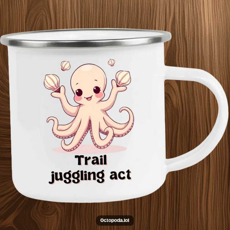 Funny Kawaii Octopus Camping Mug depicting a cephalopod juggling seashells, durable and stylish for outdoor excursions, a cheerful accessory.