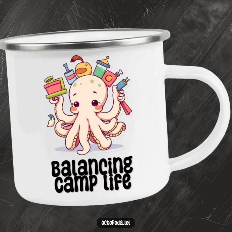Funny determined octopus camping mug, featuring an octopus balancing many items, ready for organized outdoor fun.