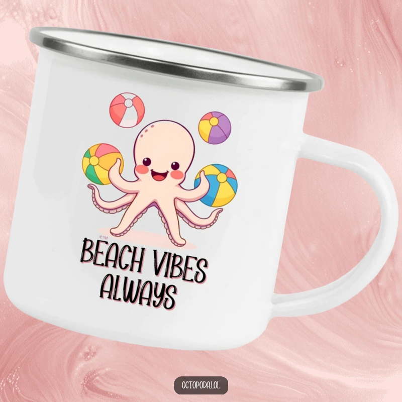 Funny Octopus Camping Mug: a smiling octopus juggling colorful beach balls with its tentacles, perfect for outdoor fun.