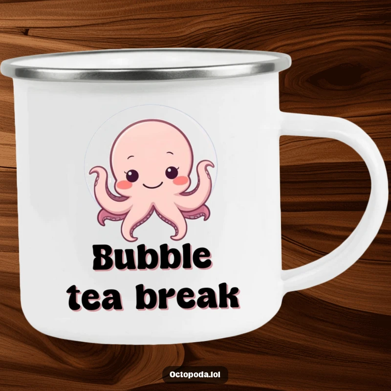 Funny camping mug with a shy octopus hiding behind a smiling bubble, ideal for gentle outdoor moments and humor.
