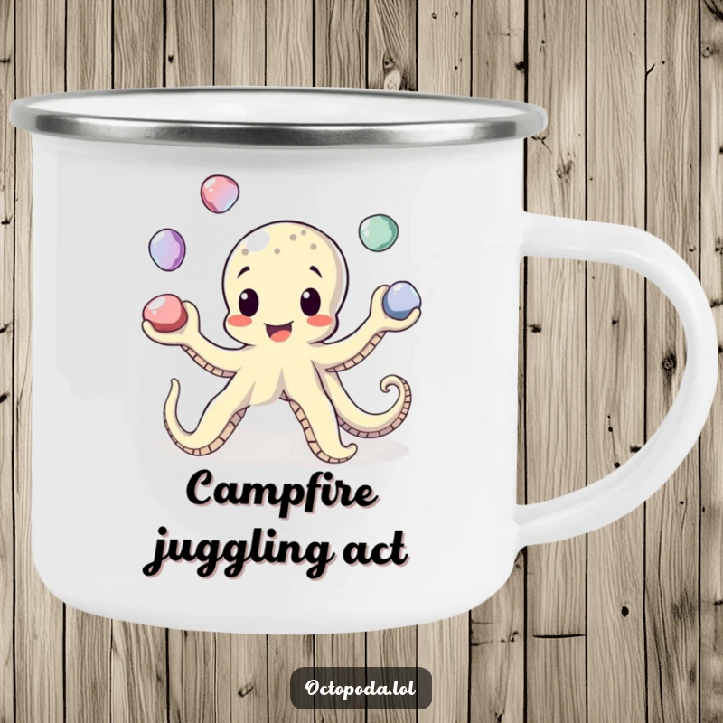 Funny Juggling Octopus Camping Mug: An octopus juggles pebbles, ready for outdoor adventures and hot drinks.