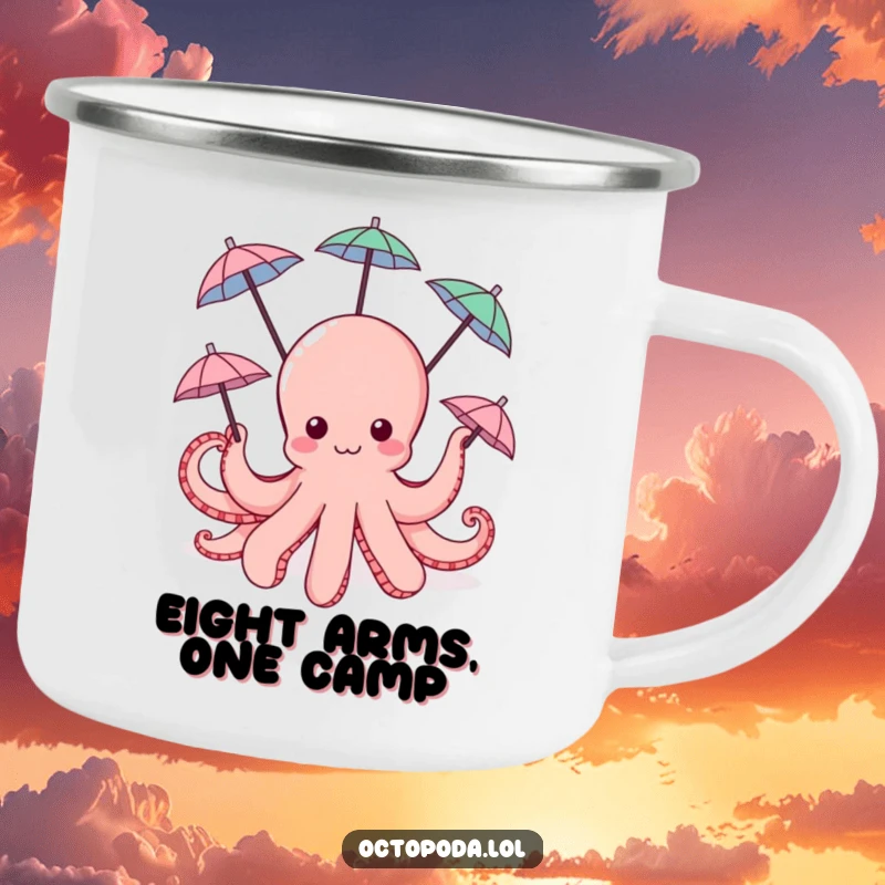 Funny Octopus Camping Mug: a cute octopus happily spinning tiny umbrellas with its tentacles, perfect for outdoor fun.