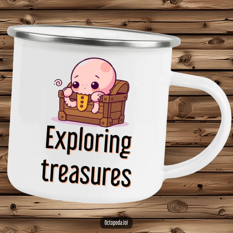 Funny Camping Mug with a curious octopus peeking from behind a treasure chest, perfect for campers and outdoor enthusiasts who love adventure.